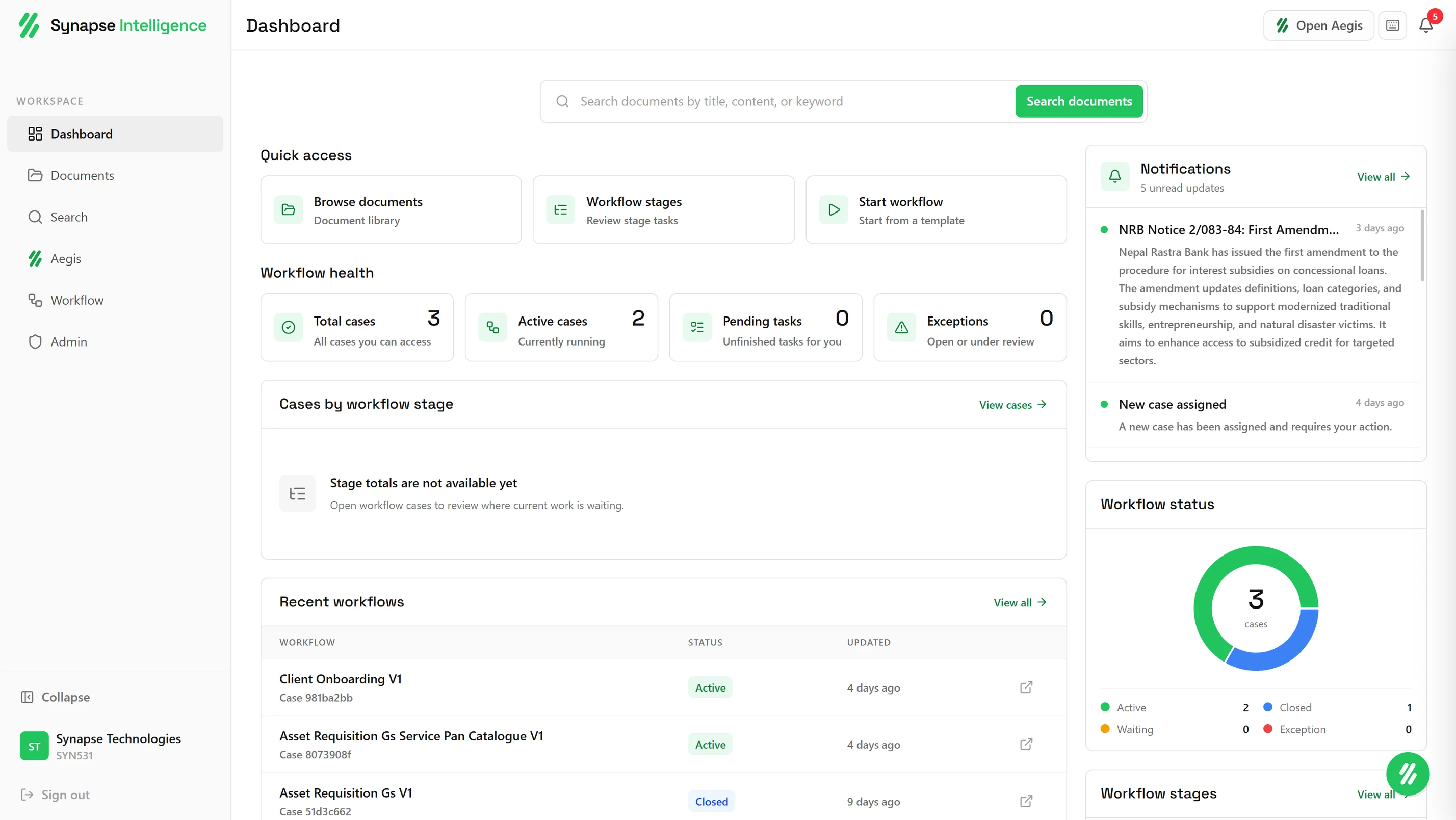 The Synapse Intelligence workspace on desktop, showing the document library with search, status, and approval columns